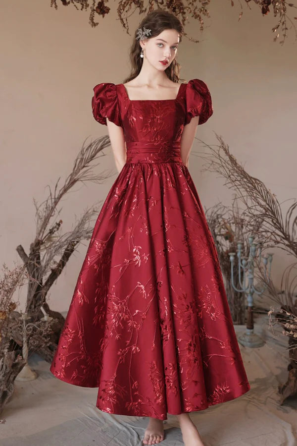 Wholesale Burgundy Tea Length A-Line Prom Dress Lovely Short Sleeve Party Dress